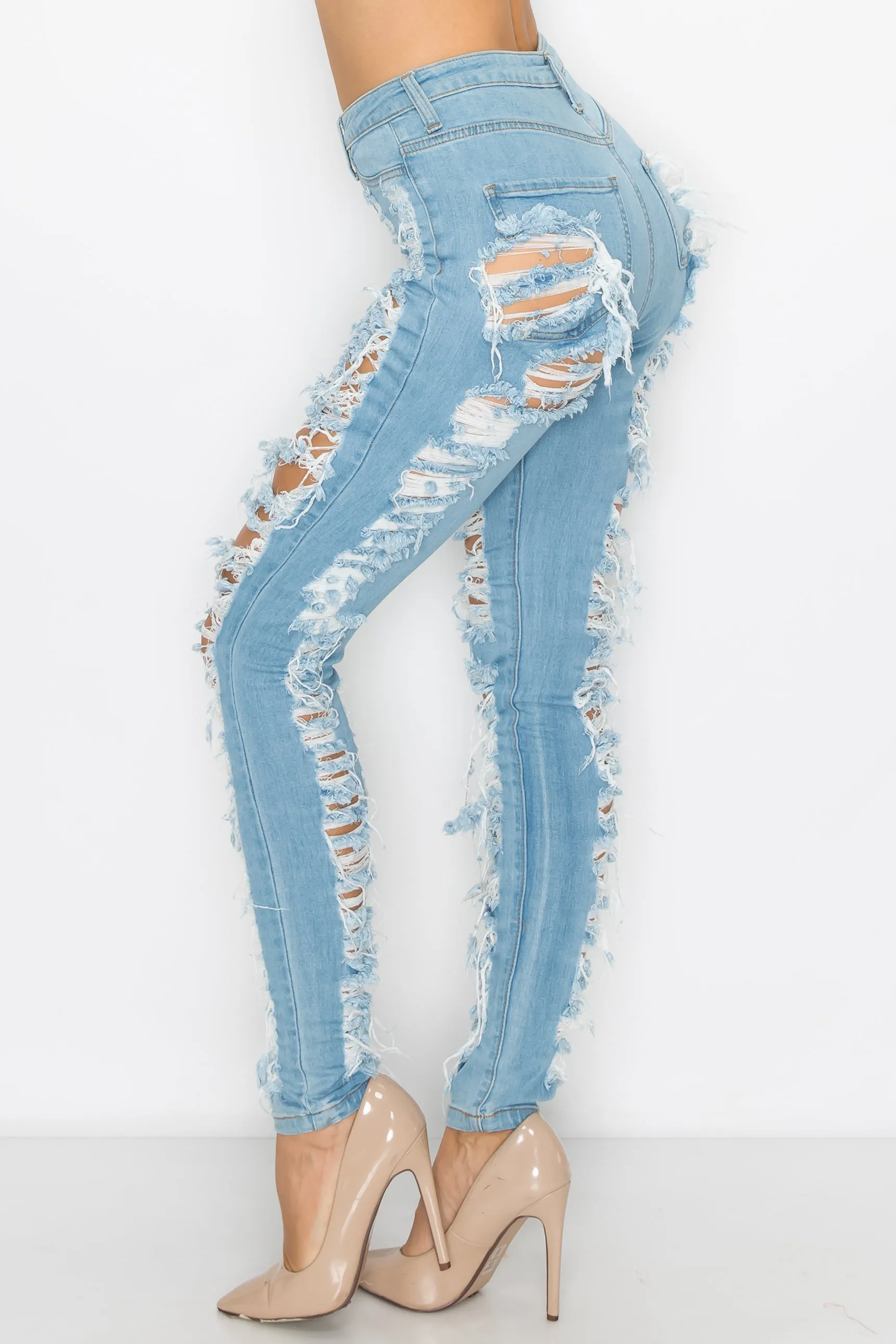 40090 Women Super High Waisted Distressed Skinny Jeans with Cut Outs