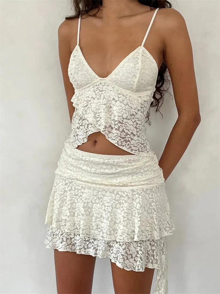 FashionSierra - 2024 Lace Camis Spaghetti Strap Irregular Hem Tank V-neck Mesh See Through Summer Vest Crop Tops