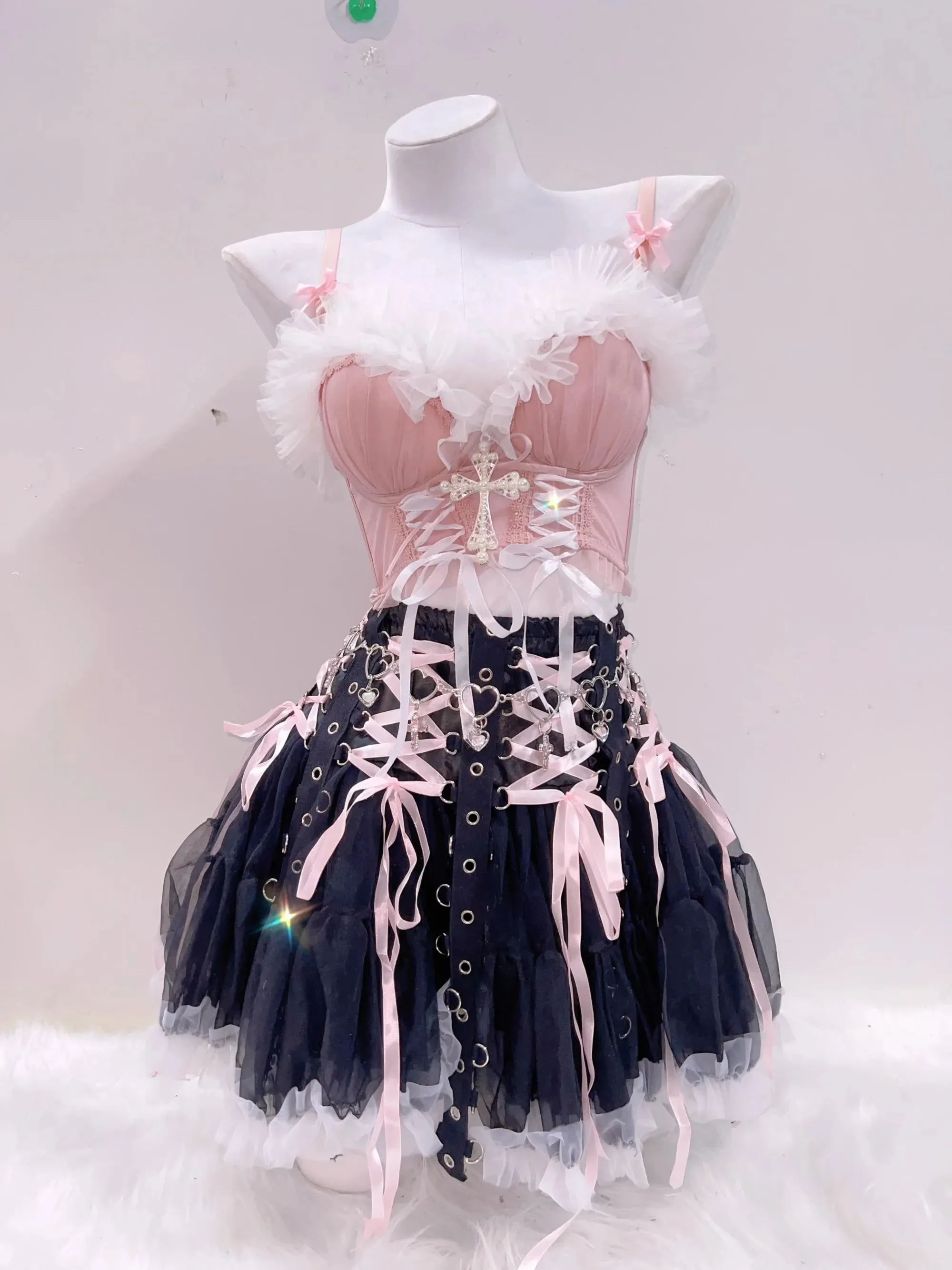 Flytonn-LolitaTank Tops Kawaii Tank Tops Pink Tops lace Tank Tops Cross Tank Tops y2k clothes y2k crop top gothic clothese girl clothes
