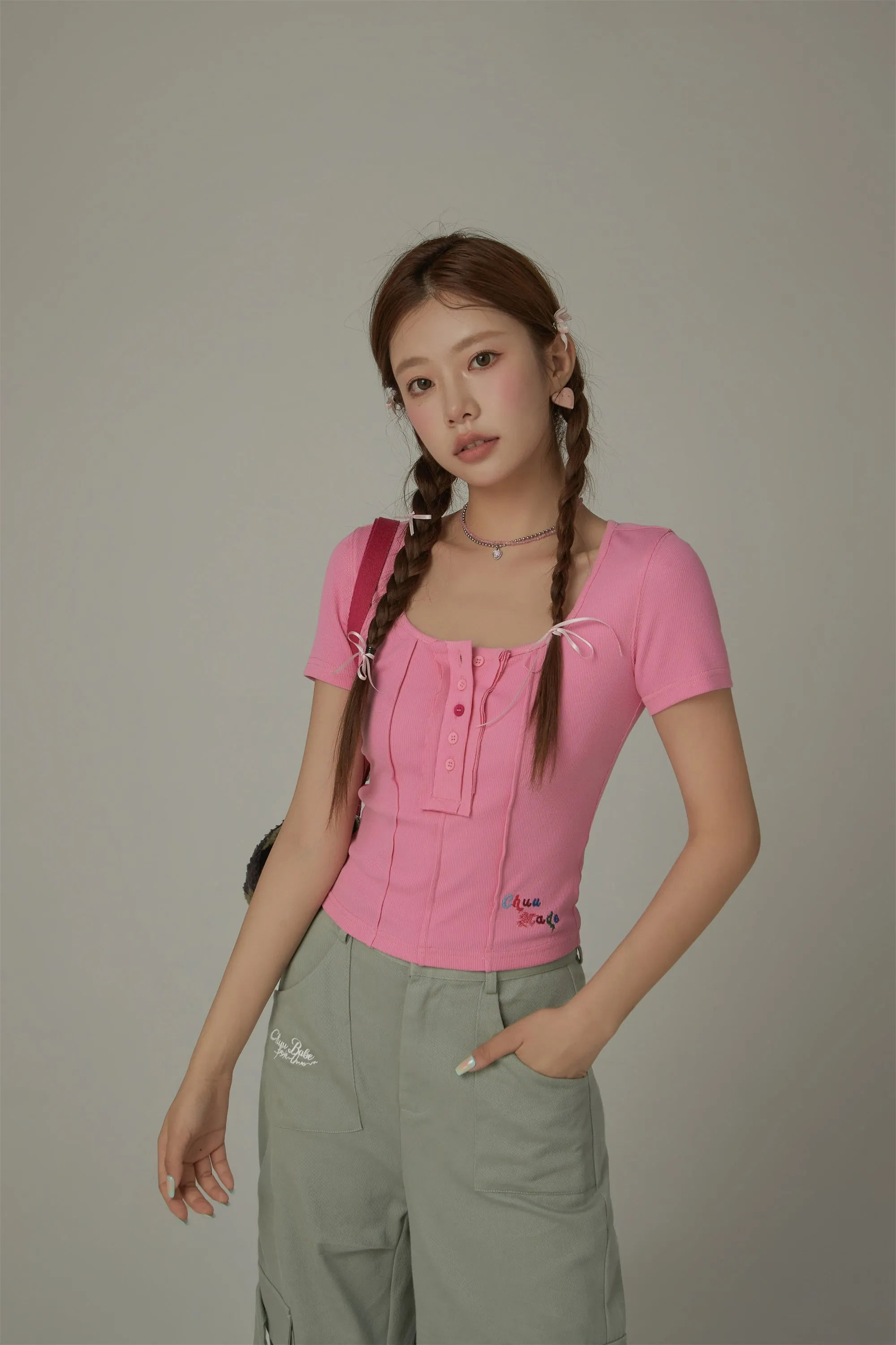 U-Neck Half Button Top
