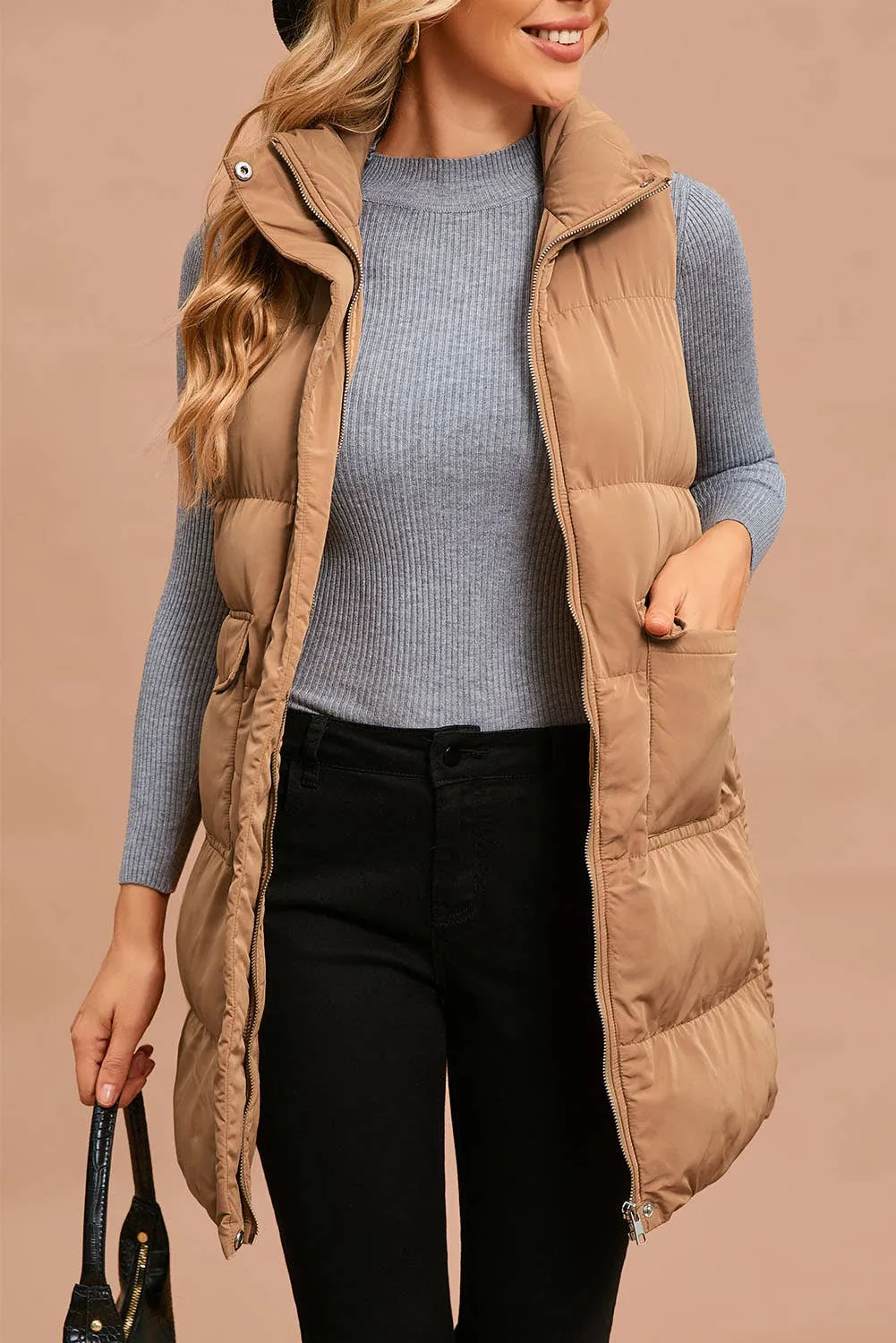 Winter Full Zipper Pockets Puffer Outerwear Vest